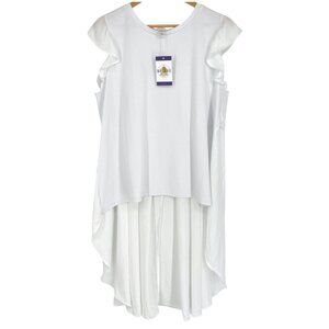 Cato Womens L White High-Low Ruffle Sleeve Top Flowy Blouse Stretch Round Neck